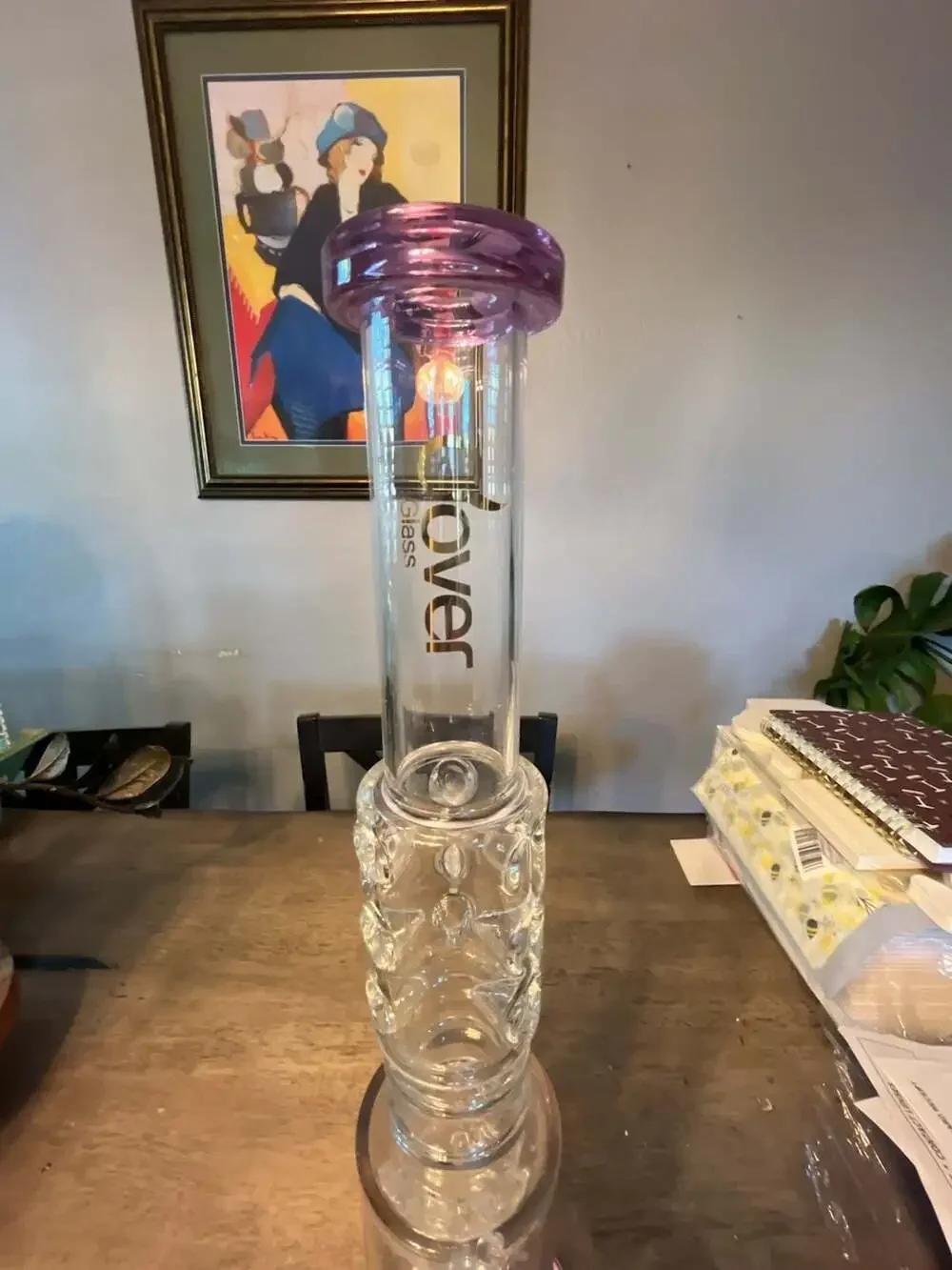 Clover Glass Double Percolator Water Piece with Purple Accent